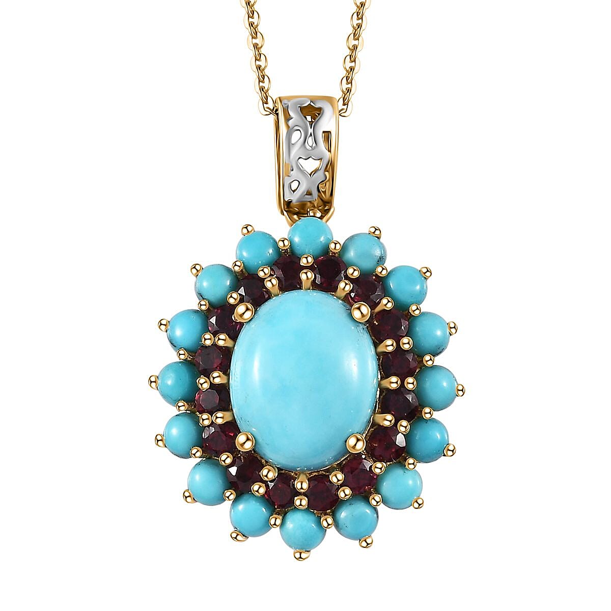 Sleeping Beauty Turquoise and Anthill Garnet Floral Pendant Necklace 20 Inches in Platinum Over and Vermeil Yellow Gold Over Sterling Silver 5.25 ctw