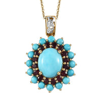 Sleeping Beauty Turquoise and Anthill Garnet Floral Pendant Necklace 20 Inches in Platinum Over and Vermeil Yellow Gold Over Sterling Silver 5.25 ctw