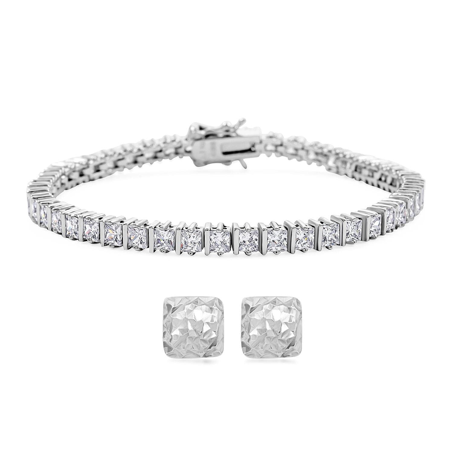 Princess Cut Simulated Diamond 13.80 ctw 3mm Tennis Bracelet (7.0 In) and Square Stud Earrings in Rhodium Over Sterling Silver