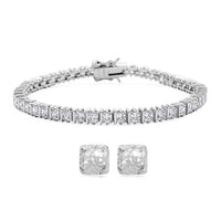 Princess Cut Simulated Diamond 13.80 ctw 3mm Tennis Bracelet (7.0 In) and Square Stud Earrings in Rhodium Over Sterling Silver