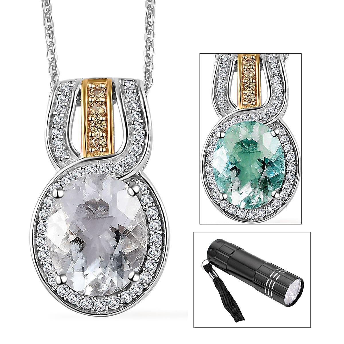 Mexican Hyalite Opal and Multi Gemstone Halo Pendant Necklace 20 Inches in Vermeil YG and Platinum Over Sterling Silver with Free UV Flash Light 2.90 ctw