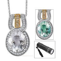 Mexican Hyalite Opal and Multi Gemstone Halo Pendant Necklace 20 Inches in Vermeil YG and Platinum Over Sterling Silver with Free UV Flash Light 2.90 ctw