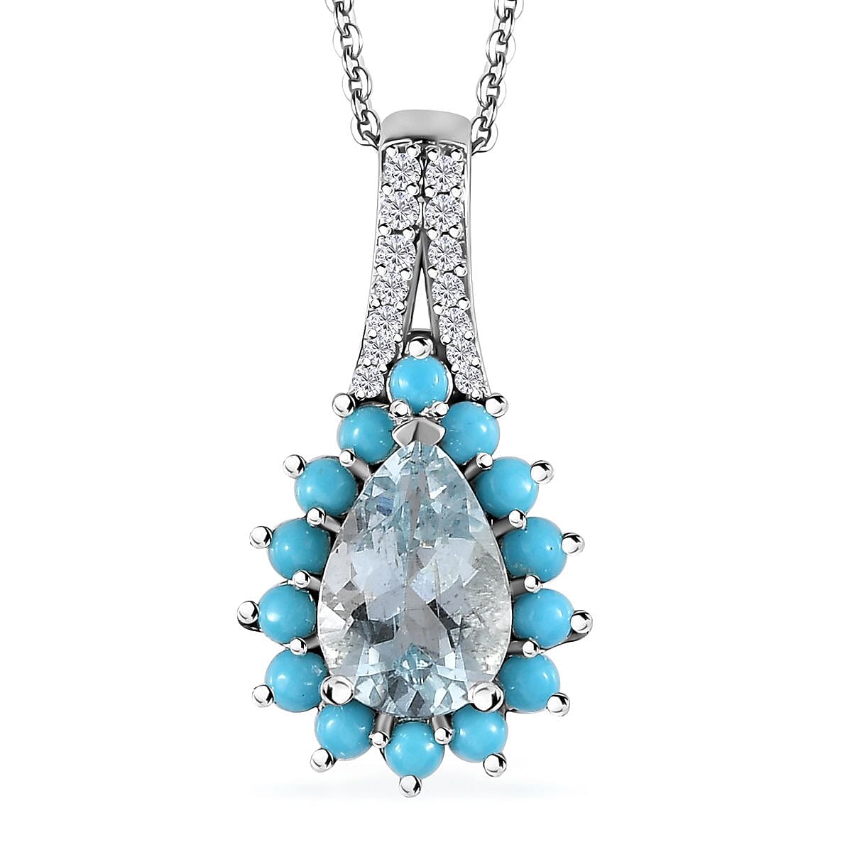Premium Mangoro Aquamarine, Multi Gemstone Sunburst Pendant Necklace (20 Inches) in Platinum Over Sterling Silver