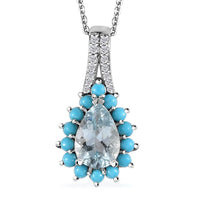 Premium Mangoro Aquamarine, Multi Gemstone Sunburst Pendant Necklace (20 Inches) in Platinum Over Sterling Silver