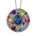 Blue Star Sapphire (DF) and Multi Gemstone Celestial Rainbow Medallion Coin Pendant Necklace 20 Inches in Platinum Over Sterling Silver 10.00 ctw - Sticky add to cart bar