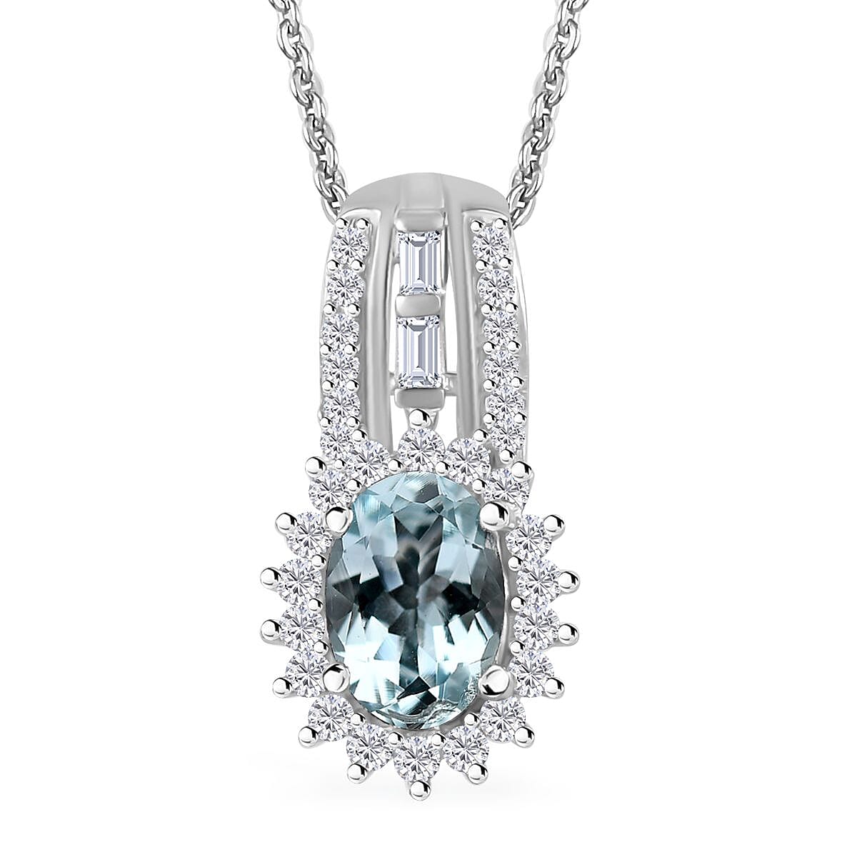 Premium Mangoro Aquamarine, White Zircon Sunburst Pendant Necklace (20 Inches) in Platinum Over Sterling Silver