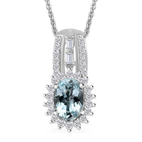 Premium Mangoro Aquamarine, White Zircon Sunburst Pendant Necklace (20 Inches) in Platinum Over Sterling Silver