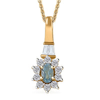Premium Santa Maria Aquamarine, White Zircon Halo Pendant Necklace (20 Inches) in Vermeil YG Over Sterling Silver