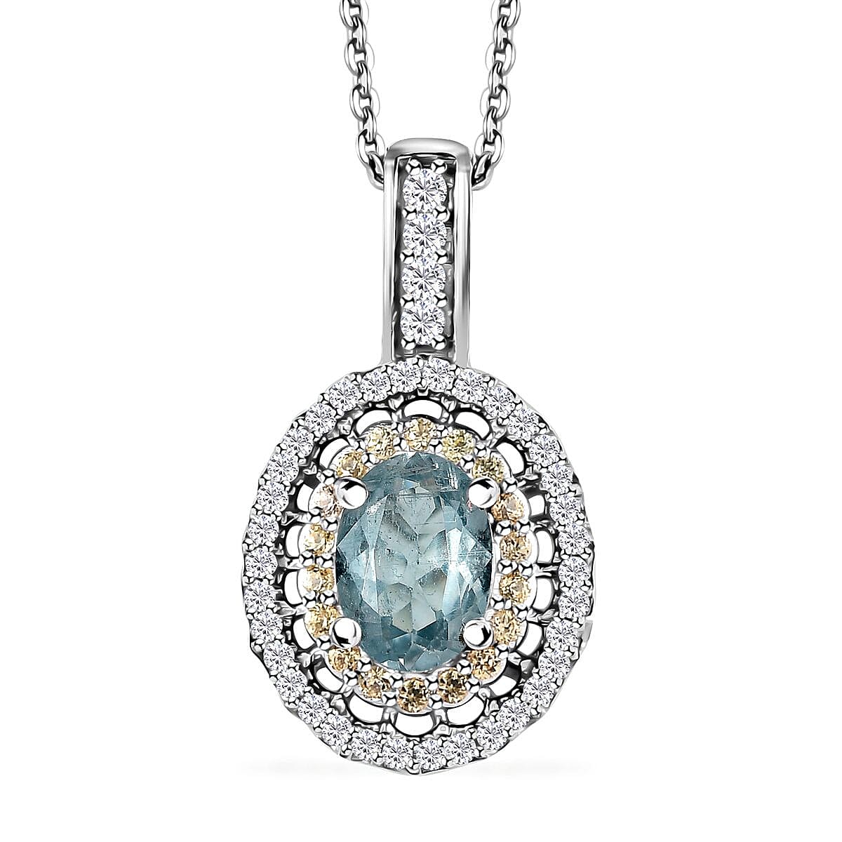 Premium Aqua Kyanite, Multi Gemstone Double Halo Pendant Necklace (20 Inches) in Platinum Over Sterling Silver