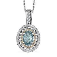 Premium Aqua Kyanite, Multi Gemstone Double Halo Pendant Necklace (20 Inches) in Platinum Over Sterling Silver