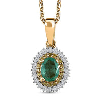Kagem Zambian Emerald, Yellow and White Diamond Double Halo Pendant Necklace 20 Inches in Vermeil Yellow Gold Over Sterling Silver 1.00 ctw