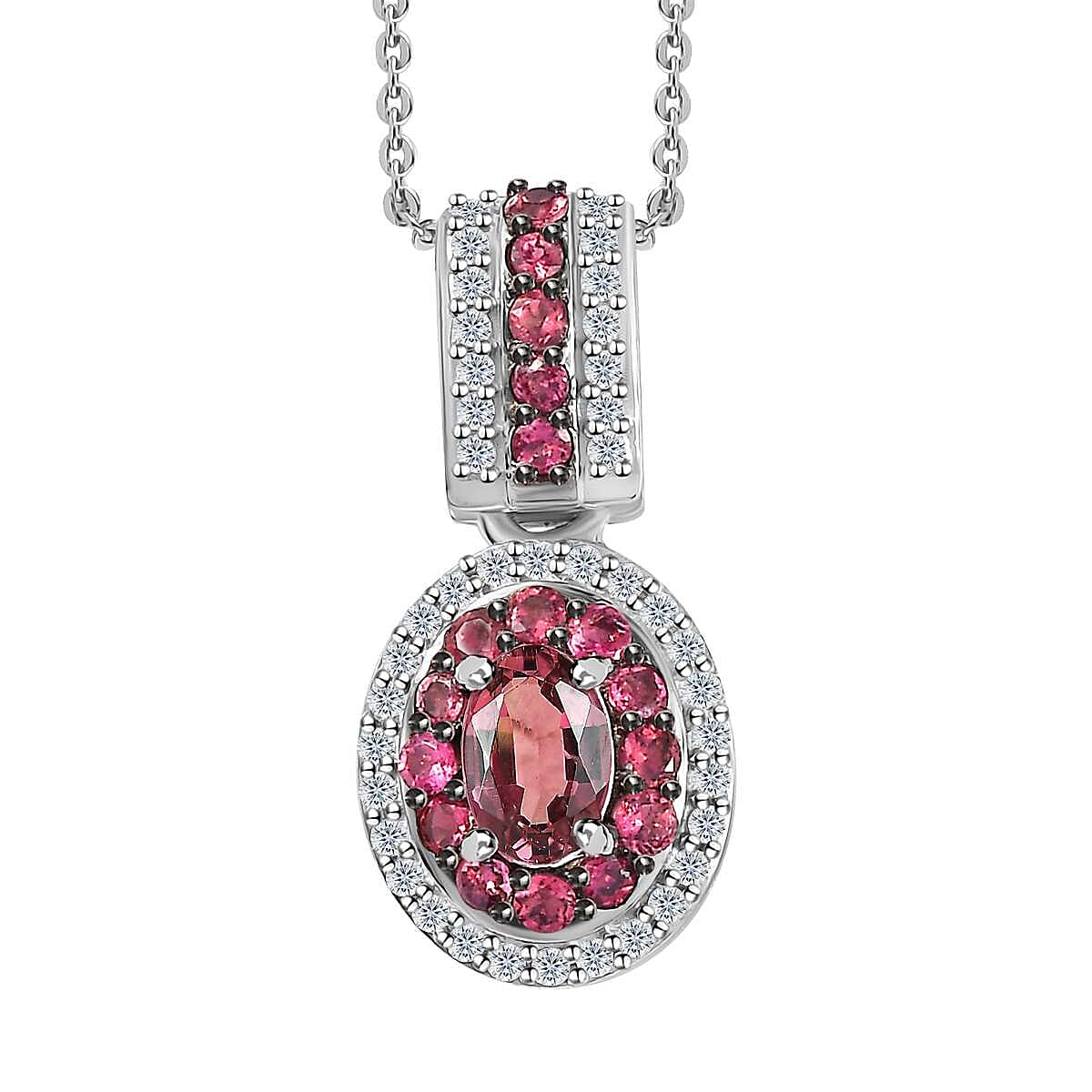 Ouro Fino Rubellite and Moissanite Double Halo Pendant Necklace 20 Inches in Platinum Over Sterling Silver 1.25 ctw
