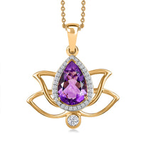 Moroccan Amethyst and Moissanite Lotus Flower Pendant Necklace 20 Inches in Vermeil Yellow Gold Over Sterling Silver 3.15 ctw