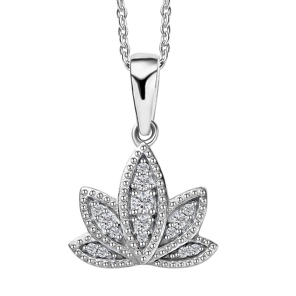 Mother’s Day Gift Moissanite Lotus Pendant Necklace 20 Inches in Platinum Over Sterling Silver 0.20 ctw