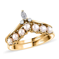 Freshwater Pearl, Moissanite Stackable Ring in Vermeil YG Over Sterling Silver (Size 10.0) 0.10 ctw