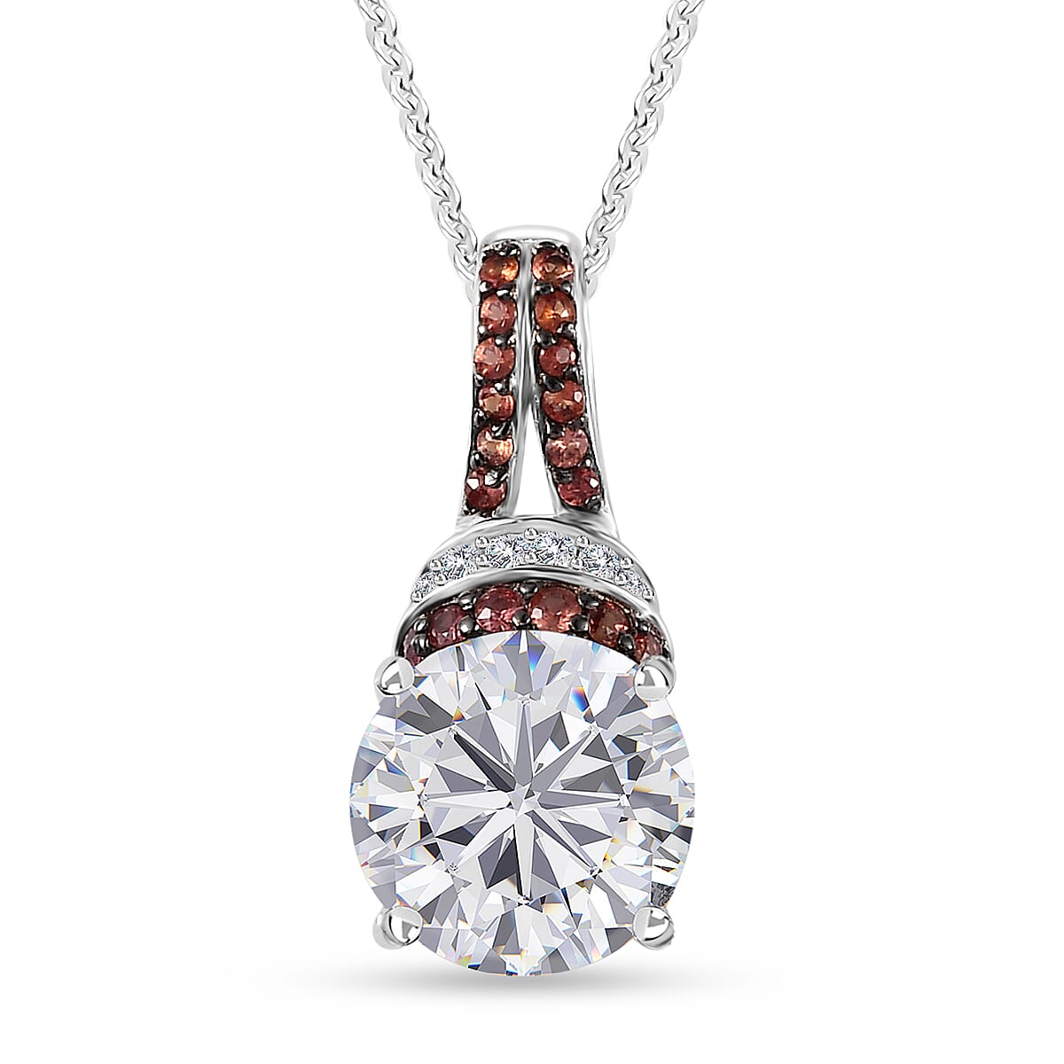TLV Moissanite (Rnd 10 mm), Red Sapphire Pendant Necklace (20 Inches) in Platinum Over Sterling Silver 4.50 ctw