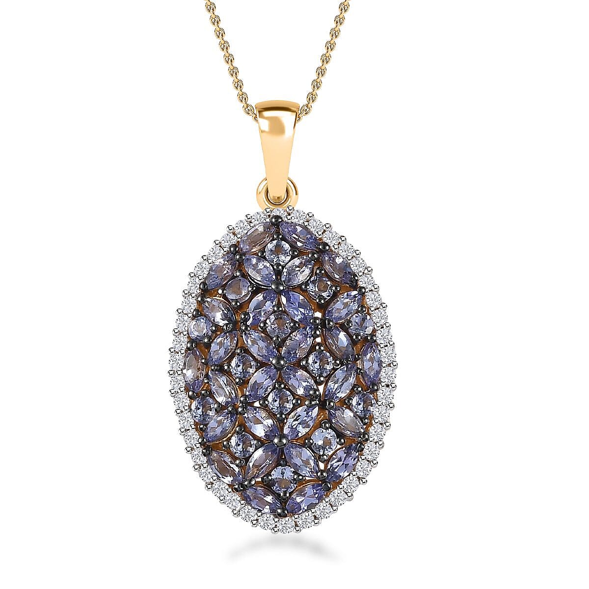 Tanzanite and White Zircon Cluster Pendant Necklace 20 Inches in Vermeil Yellow Gold Over Sterling Silver 4.25 ctw