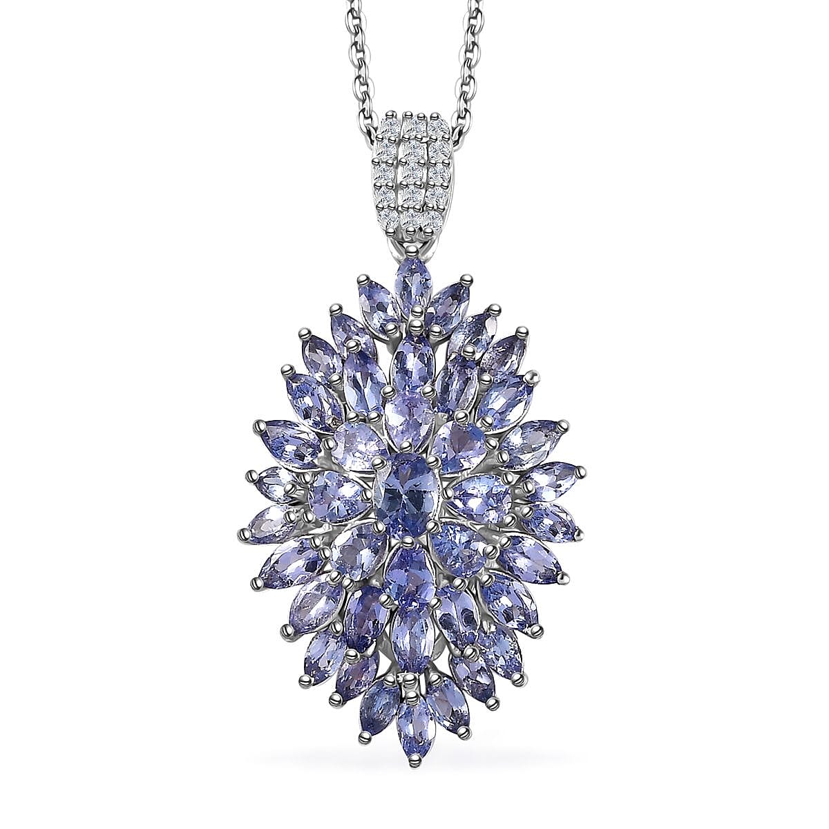 Tanzanite and White Zircon Dahlia Floral Spray Pendant Necklace 20 Inches in Platinum Over Sterling Silver 4.85 ctw