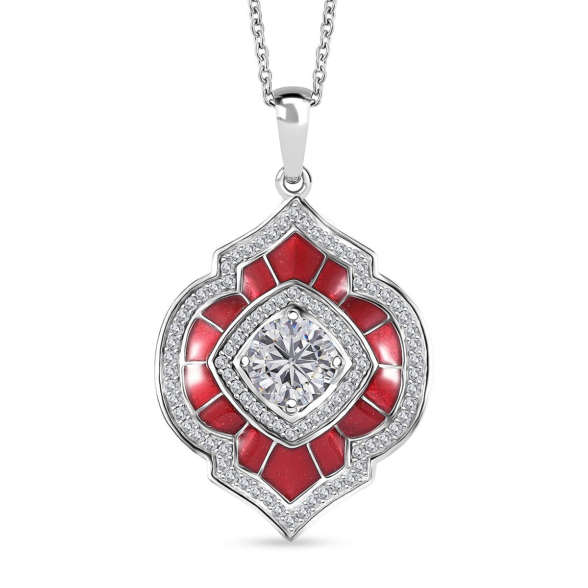 Moissanite (Rnd 8mm), Green Enameled Pendant Necklace (20 Inches) in Platinum Over Sterling Silver 2.75 ctw