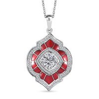 Moissanite (Rnd 8mm), Green Enameled Pendant Necklace (20 Inches) in Platinum Over Sterling Silver 2.75 ctw