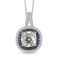 Moissanite and Kanchanaburi Blue Sapphire Double Halo Pendant Necklace 20 Inches in Platinum Over Sterling Silver 4.30 ctw