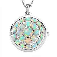 Ethiopian Welo Opal and White Zircon Pendant 7.90 ctw Necklace in Rhodium Over Sterling Silver 18 Inches