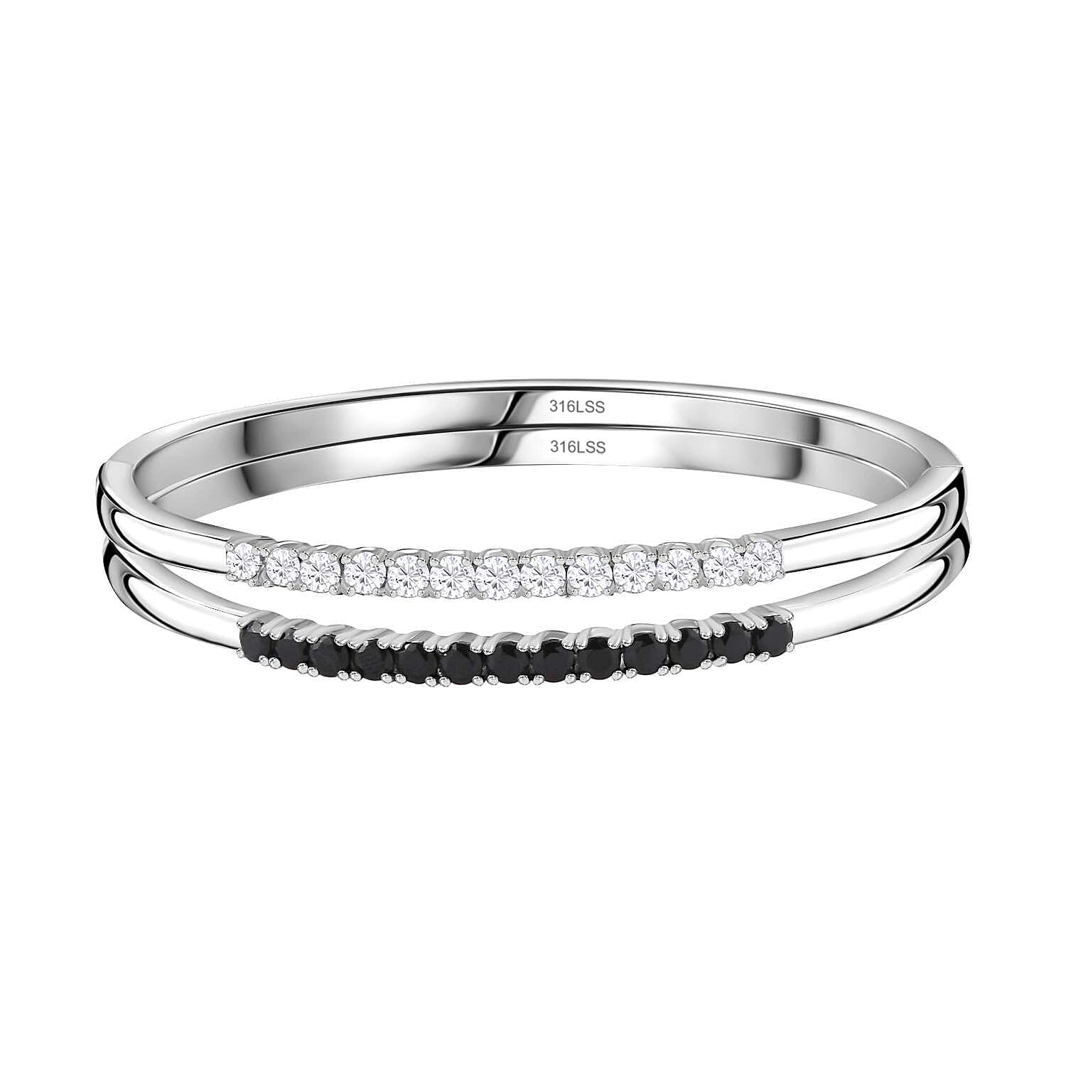 Set of 2 Thai Black Spinel and White Zircon Bangle Bracelet in Stainless Steel (6.50 In) 3.85 ctw