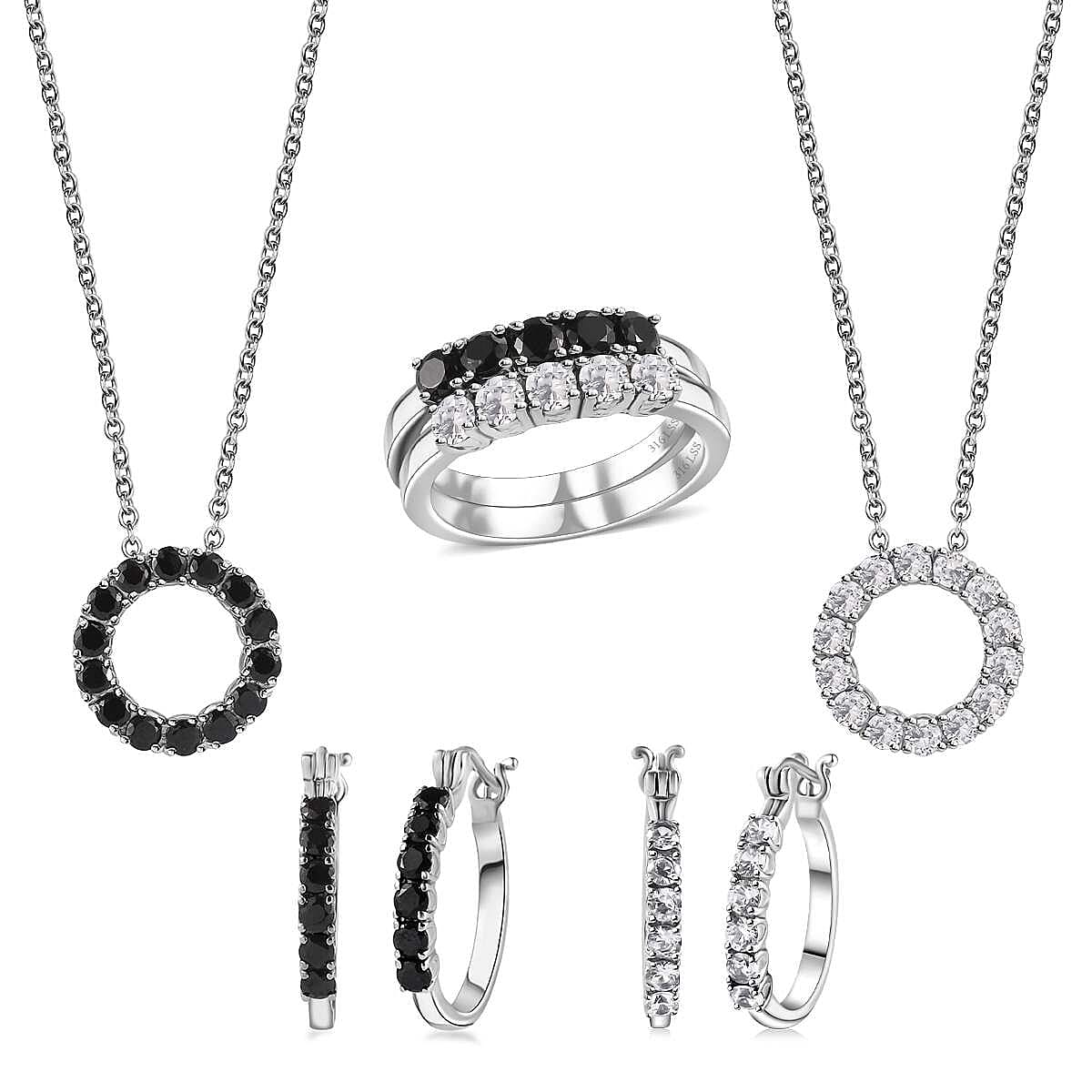 6 Piece Set - Thai Black Spinel, White Zircon Earrings, Ring (Size 5) and Pendant Necklace (20 Inches) in Stainless Steel 9.00 ctw
