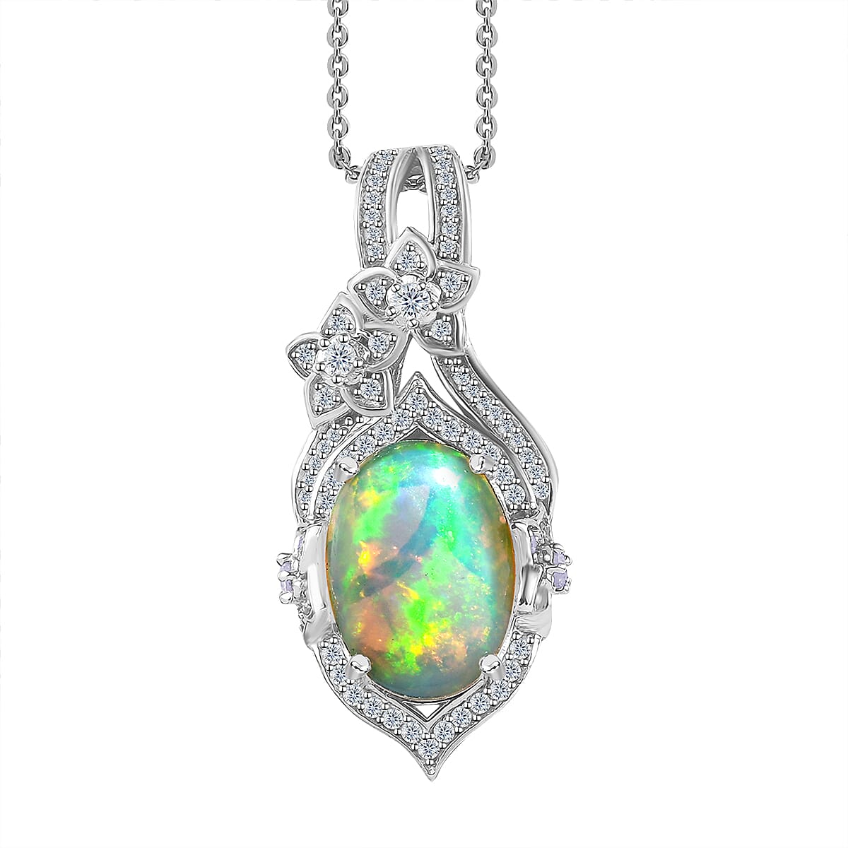 Premium Ethiopian Welo Opal and White Zircon Pendant Necklace 20 Inches in Platinum Over Sterling Silver 4.50 ctw