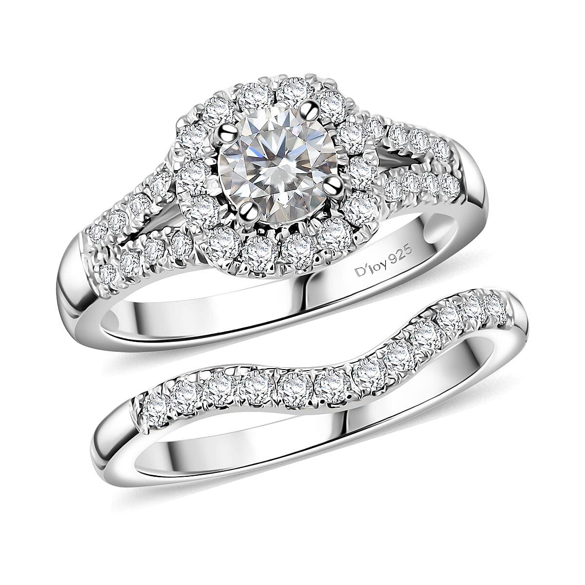 Moissanite (Rnd 5mm) Stackable Set of 2 Ring in Platinum Over Sterling Silver (Size 6.0) 1.10 ctw