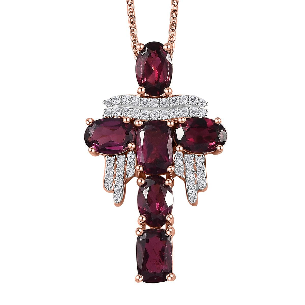GP Royal Art Deco Collection Orissa Rhodolite Garnet and White Zircon Cross Pendant Necklace 20 Inches in Vermeil Rose Gold Over Sterling Silver 4.20 ctw