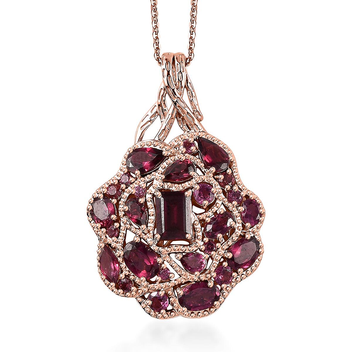 GP Italian Garden Collection Premium Orissa Rhodolite Garnet 6.75 ctw Pendant Necklace 20 Inches in Vermeil Rose Gold Over Sterling Silver