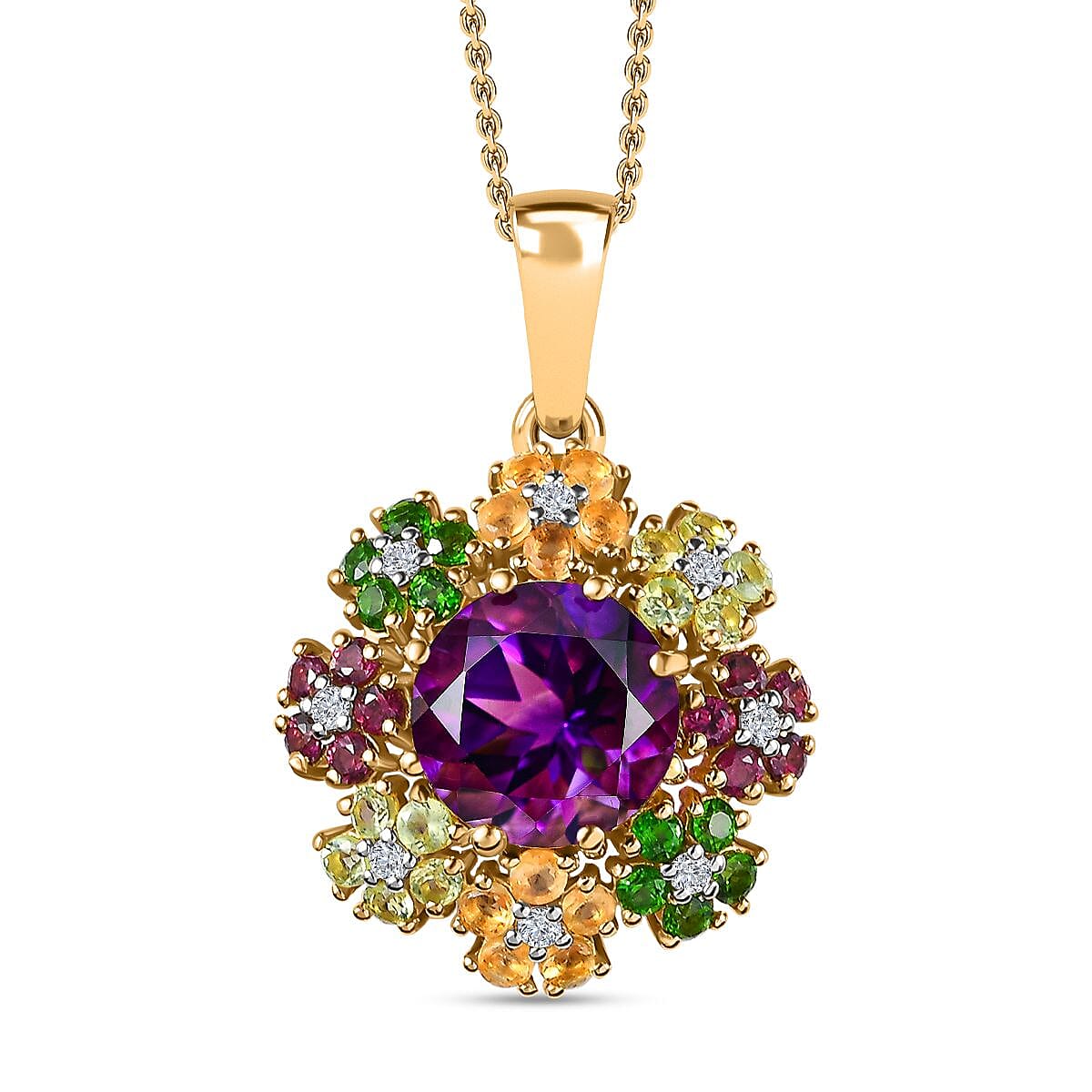 Moroccan Amethyst and Multi Gemstone Floral Pendant Necklace 20 Inches in Vermeil Yellow Gold Over Sterling Silver 5.50 ctw