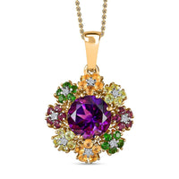 Moroccan Amethyst and Multi Gemstone Floral Pendant Necklace 20 Inches in Vermeil Yellow Gold Over Sterling Silver 5.50 ctw
