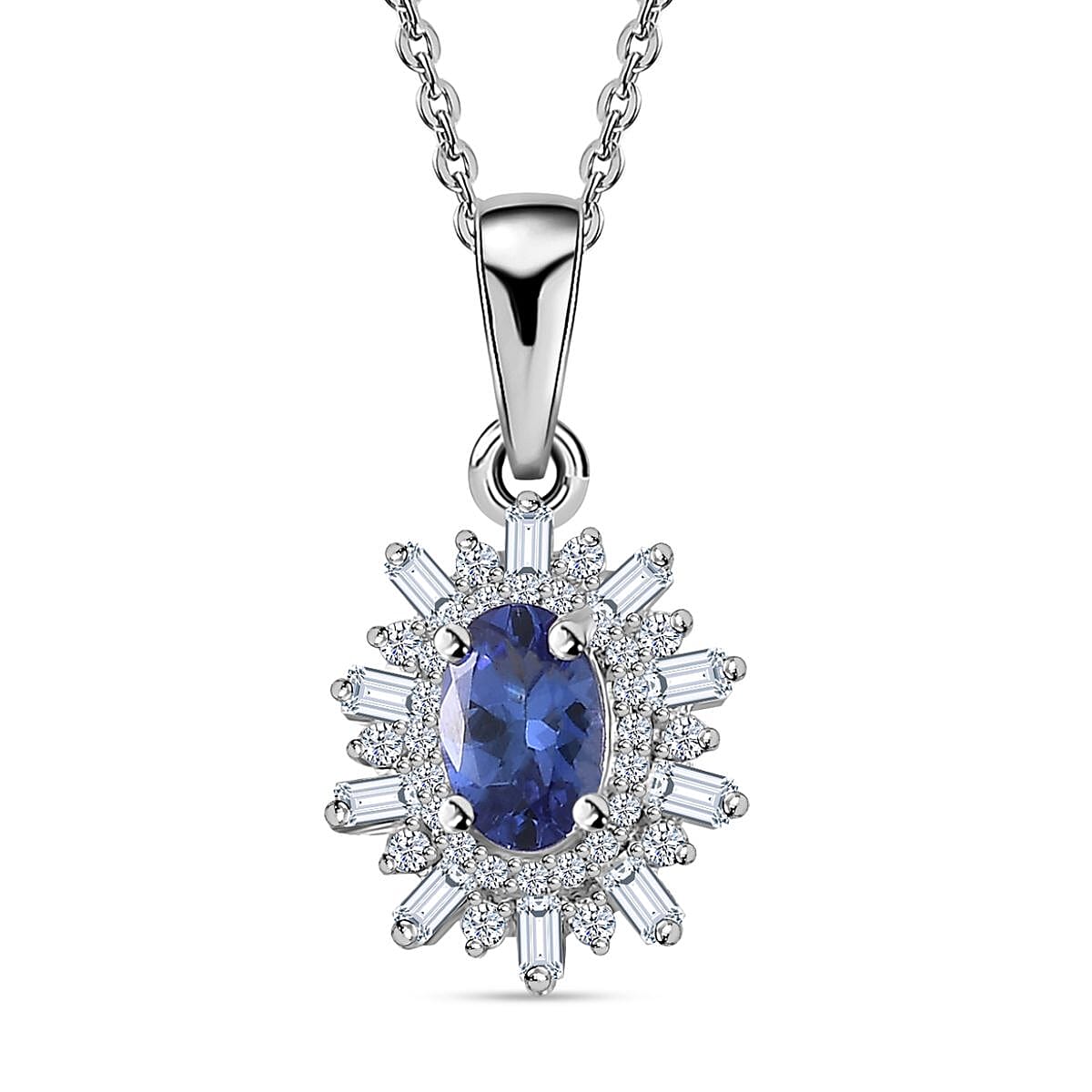 AAA Tanzanite and White Zircon Starburst Pendant Necklace 20 Inches in Platinum Over Sterling Silver 1.00 ctw