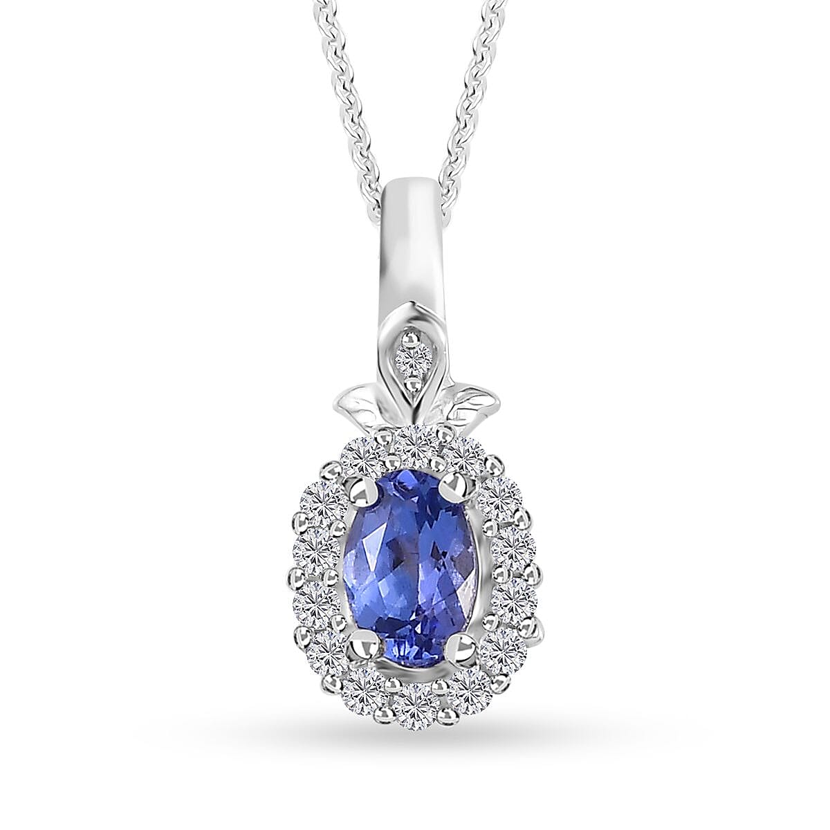 AAA Tanzanite and White Zircon Halo Pendant Necklace 20 Inches in Platinum Over Sterling Silver 0.75 ctw