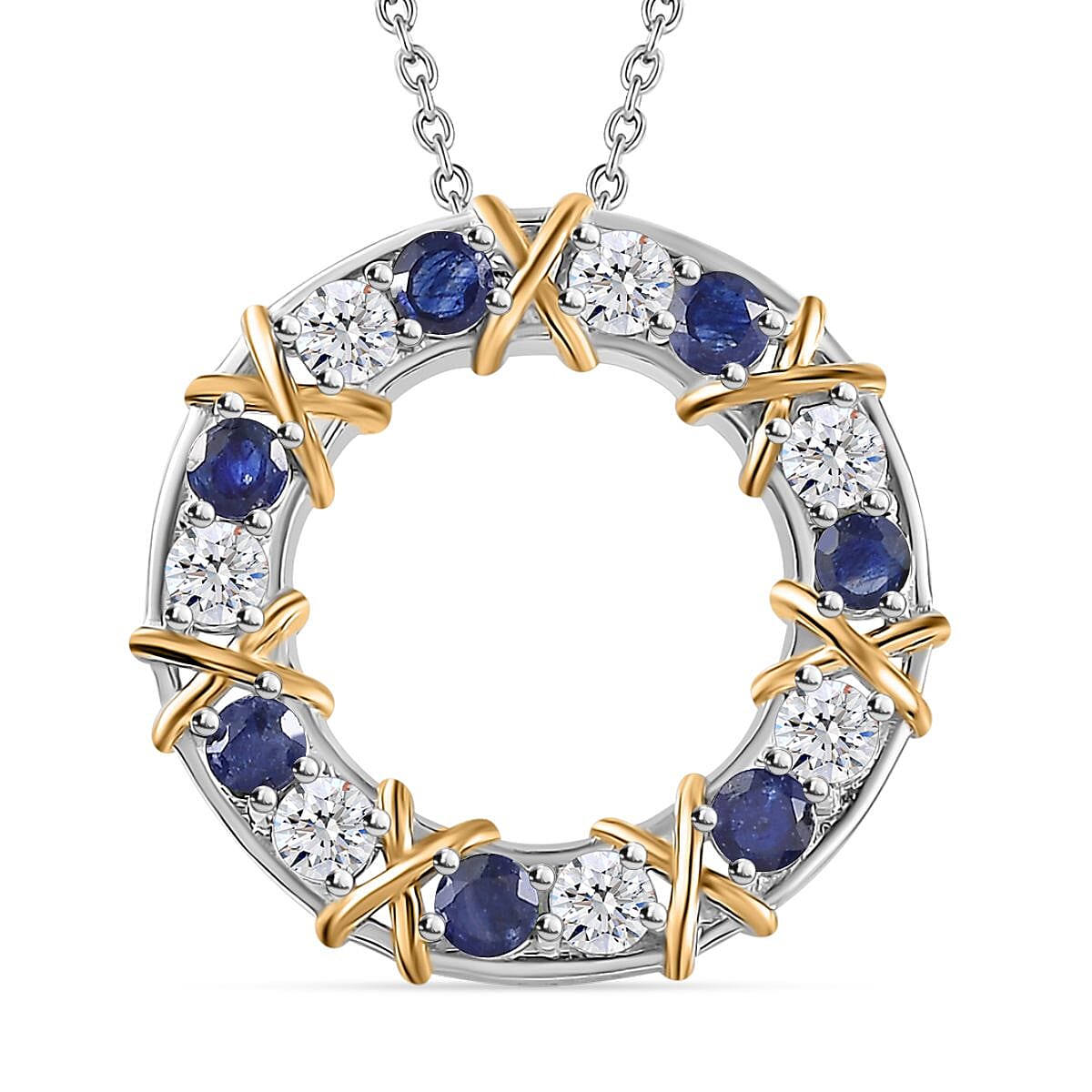 Masoala Sapphire (FF) and Moissanite XOXO Pendant Necklace 20 Inches in Vermeil YG and Platinum Over Sterling Silver 2.10 ctw