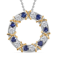 Masoala Sapphire (FF) and Moissanite XOXO Pendant Necklace 20 Inches in Vermeil YG and Platinum Over Sterling Silver 2.10 ctw
