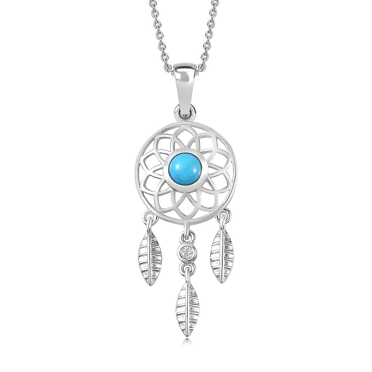 AAA Sleeping Beauty Turquoise and White Zircon Dream Catcher Pendant Necklace 20 Inches in Platinum Over Sterling Silver 0.50 ctw