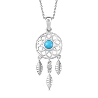 AAA Sleeping Beauty Turquoise and White Zircon Dream Catcher Pendant Necklace 20 Inches in Platinum Over Sterling Silver 0.50 ctw