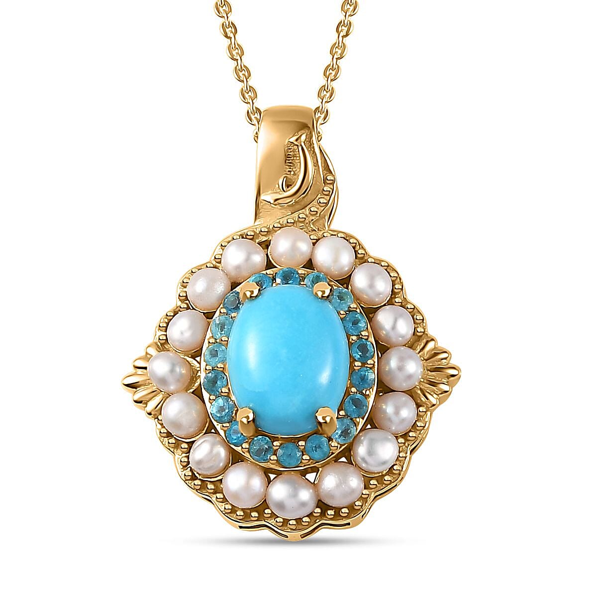 Sleeping Beauty Turquoise, Freshwater Pearl and Neon Apatite 4.65 ctw Dolphin Pendant Necklace in Vermeil Yellow Gold Over Sterling Silver 20 Inches