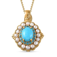 Sleeping Beauty Turquoise, Freshwater Pearl and Neon Apatite 4.65 ctw Dolphin Pendant Necklace in Vermeil Yellow Gold Over Sterling Silver 20 Inches