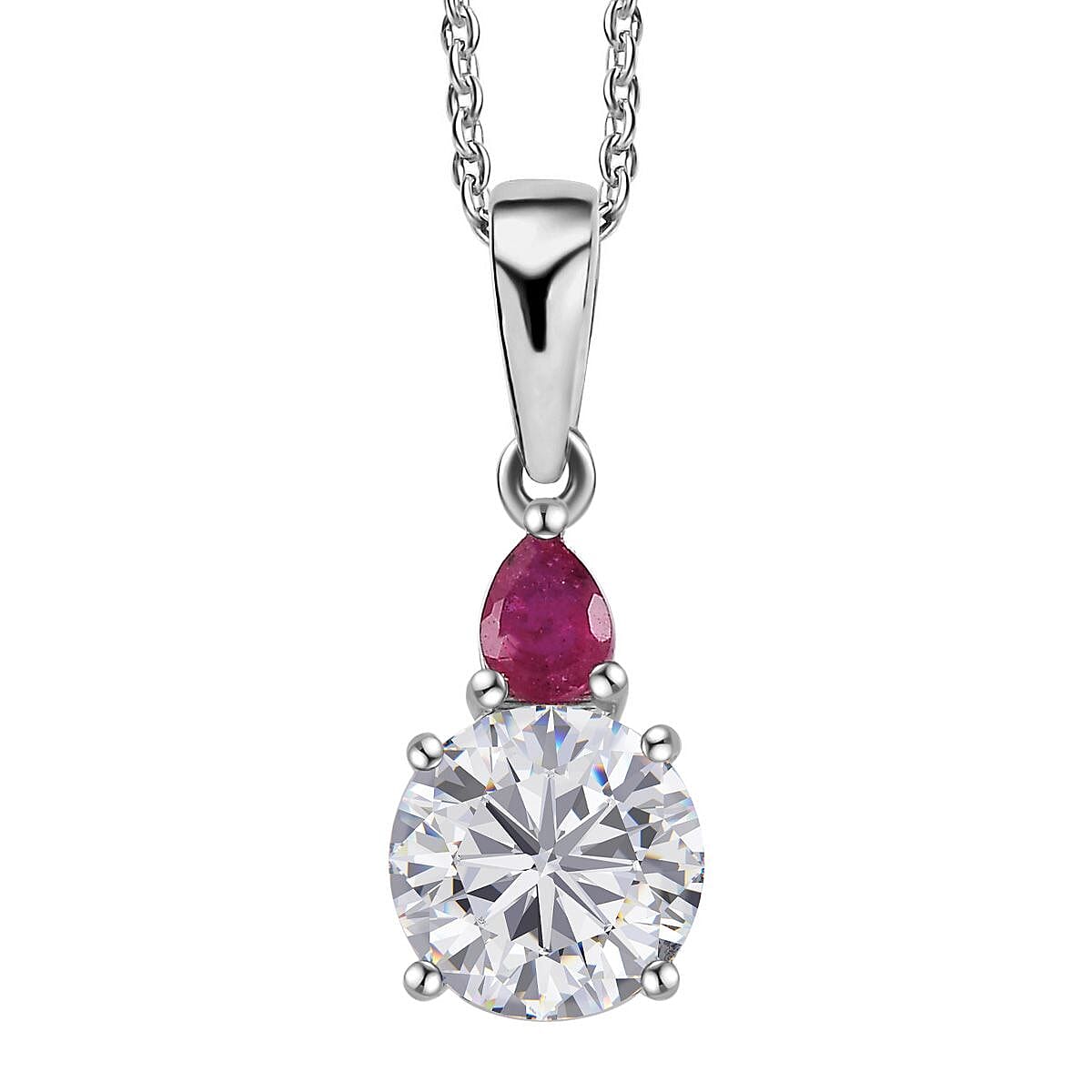 Moissanite (Rnd 7 mm), Niassa Ruby (FF) Pendant Necklace (20 Inches) in Platinum Over Sterling Silver 1.40 ctw