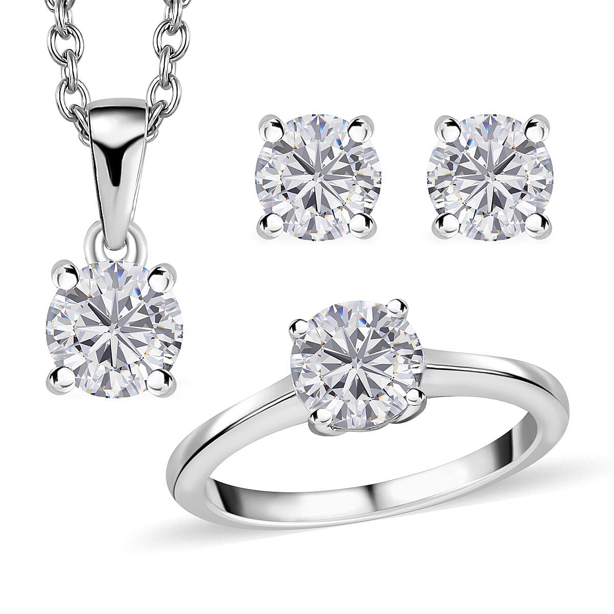 Moissanite Earrings, Solitaire Ring (Size 5.0) and Pendant in Platinum Over Sterling Silver with Stainless Steel Necklace (20 Inches) 2.35 ctw
