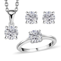 Moissanite Earrings, Solitaire Ring (Size 5.0) and Pendant in Platinum Over Sterling Silver with Stainless Steel Necklace (20 Inches) 2.35 ctw