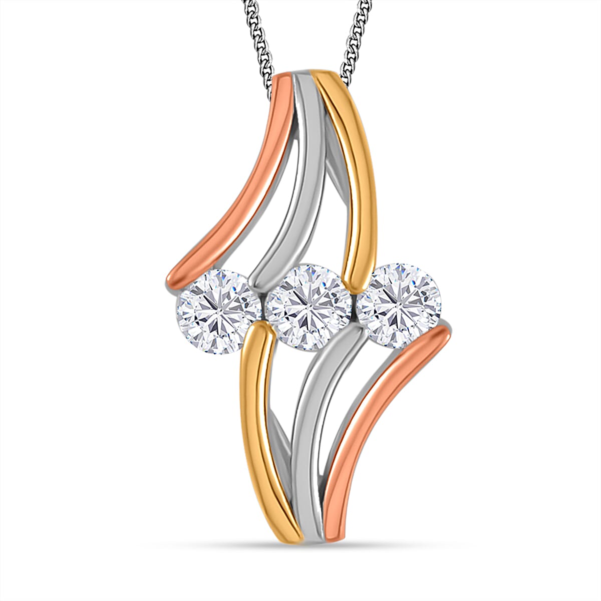 White Moissanite Pendant Necklace 18 Inches in 14K Yellow, Rose Gold and Rhodium Over Sterling Silver 0.70 ctw