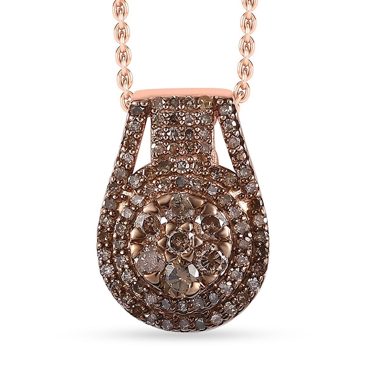 Natural Champagne Diamond Cocktail Pendant Necklace 20 Inches in Vermeil Rose Gold Over Sterling Silver 0.75 ctw