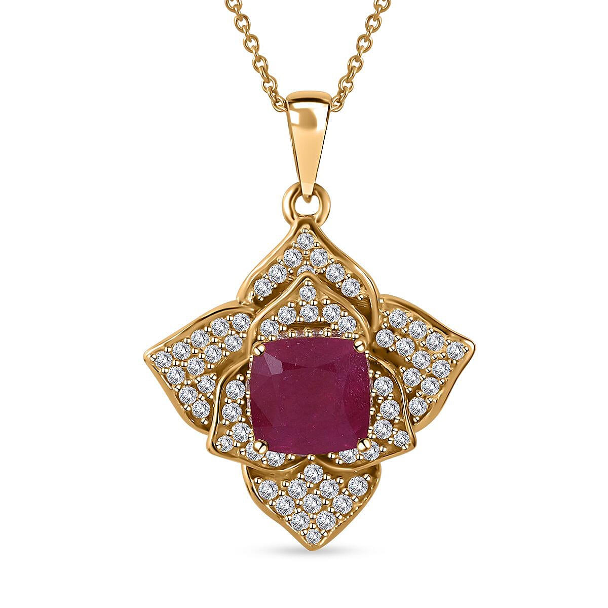 Niassa Ruby (FF) and White Zircon Floral Pendant Necklace 18 Inches in Vermeil Yellow Gold Over Sterling Silver 4.00 ctw