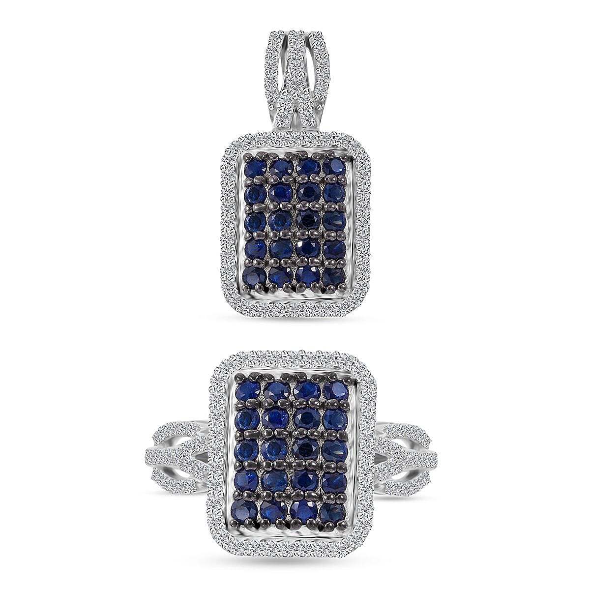 TLV Kanchanaburi Blue Sapphire, White Zircon Octagon Shape Ring (Size 6.0) and Pendant in Platinum Over Sterling Silver 2.00 ctw