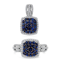 TLV Kanchanburi Blue Sapphire, White Zircon Cushion Shape Ring (Size 9.0) and Pendant in Platinum Over Sterling Silver 2.25 ctw